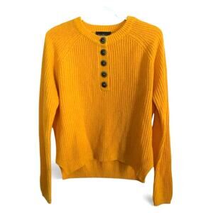 Runway 7 Women's Knit Sweater Medium Bright Mustard Yellow 1/2 Button Up Hi Low